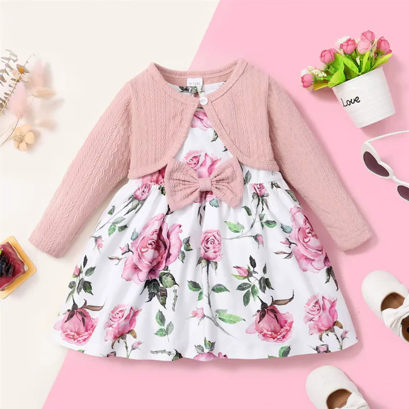 Baby Girl 2-Piece Outfit - Pink Long-Sleeve Coat & Floral Dress Set