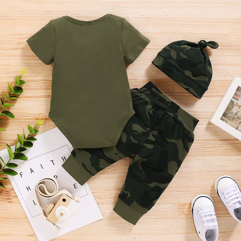 Baby Boy Summer Outfit - 3-Piece Set with Letter Romper, Camouflage Pants & Hat