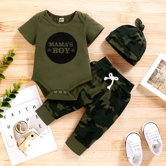 Baby Boy Summer Outfit - 3-Piece Set with Letter Romper, Camouflage Pants & Hat