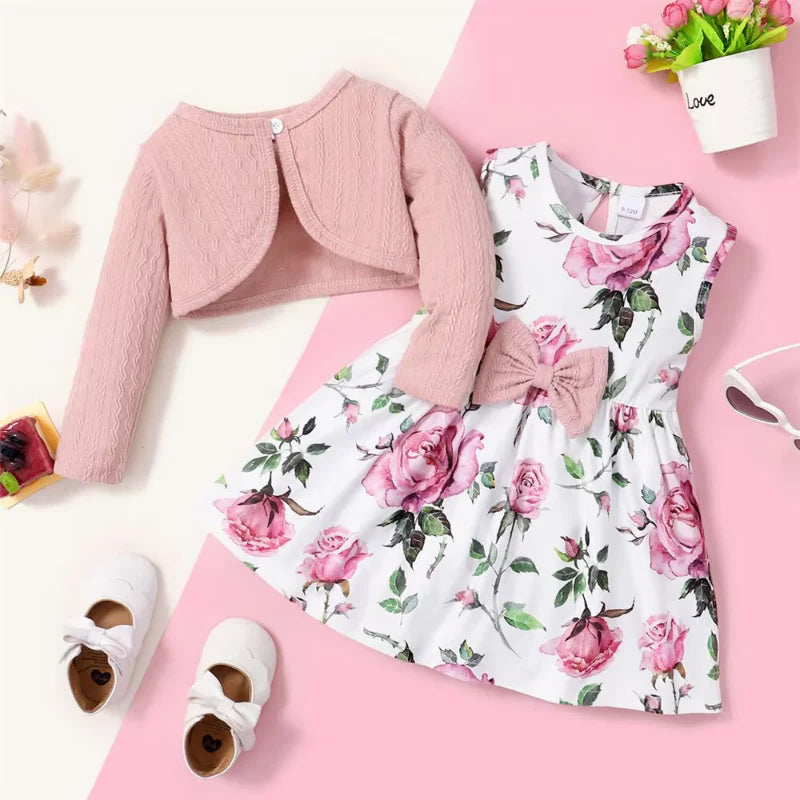 Baby Girl 2-Piece Outfit - Pink Long-Sleeve Coat & Floral Dress Set